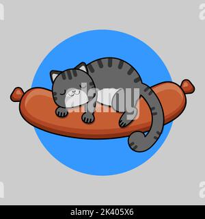 Die Katze schläft auf der Wurst. Schlafende graue Katze und Wurst. Vektorgrafik. Stock Vektor