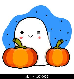Lächelnder Geist und Kürbisse. Himmel und Sterne. halloween Zeichnung. Vektorgrafik. Stock Vektor