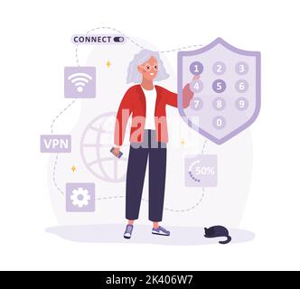 VPN-Verbindung. Ältere Frau, die ein virtuelles privates Netzwerk nutzt. Kennwortsicherheit. Geschützte Zugriffskontrolle, Datenschutz. Vektorgrafik Stock Vektor