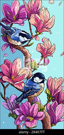 Bild von zwei kleinen blauen Vögeln und rosa Blüten und lila Blüten Stockfoto