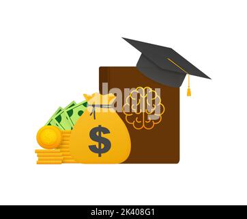 Investitionen in Bildung. Stipendium. Bücher. Absolvent s Cap auf Stapel goldene Münze. Vektorgrafik. Stock Vektor