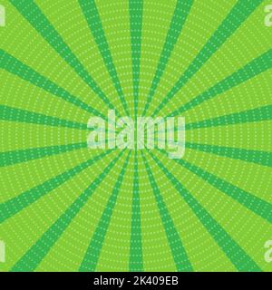 Hintergrunddarstellung in Grüntönen. Comic-Stil, Retro-Strahlen, Banner, Aufkleber. Stock Vektor