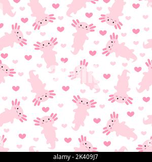 Ein nahtloser weißer Hintergrund mit niedlichen pinkfarbenen Axolotl-Tiermustern Stock Vektor