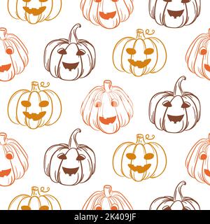 Herbst Herbst Halloween Kürbisse orange und braun nahtlose Muster Hintergrund. Niedliche handgezeichnete Kürbisse mit fröhlichem Gesichtsausdruck. Stock Vektor