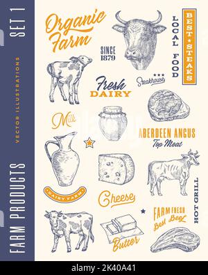 Bio-Bauernhof handgezeichnete Logos, Symbole und Illustrationen mit typografischen Kompositionen. Milch- und Fleischschilde mit Kühen, Rindersteaks, Käse Stock Vektor