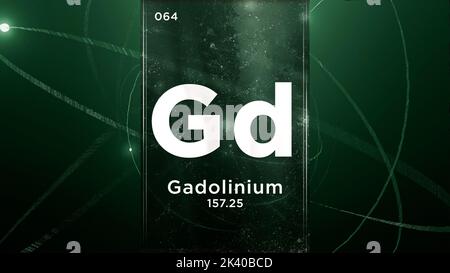 Gadolinium (GD) Symbol chemisches Element des Periodensystems, 3D Animation zum Hintergrund des Atomdesigns Stockfoto