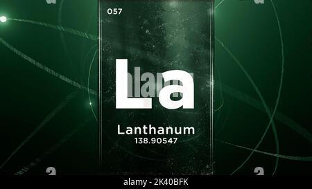 Lanthan (La) Symbol chemisches Element des Periodensystems, 3D Animation auf dem Hintergrund des Atomdesigns Stockfoto