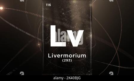 Livermorium (Lv) Symbol chemisches Element des Periodensystems, 3D Animation auf dem Hintergrund des Atomdesigns Stockfoto