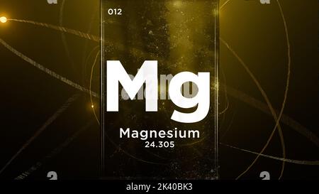 Magnesium (mg) Symbol chemisches Element des Periodensystems, 3D Animation auf dem Hintergrund des Atomdesigns Stockfoto