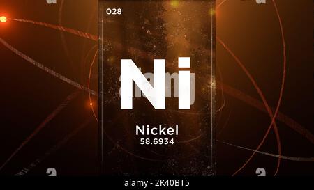 Nickel (Ni) Symbol chemisches Element des Periodensystems, 3D Animation auf Atom Design Hintergrund Stockfoto