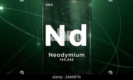 Neodym (Nd) Symbol chemisches Element des Periodensystems, 3D Animation zum Hintergrund des Atomdesigns Stockfoto