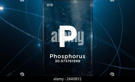 Phosphor (P) Symbol chemisches Element des Periodensystems, 3D Animation auf dem Hintergrund des Atomdesigns Stockfoto