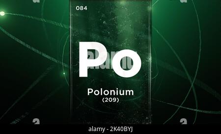 Polonium (Po) Symbol chemisches Element des Periodensystems, 3D Animation auf dem Hintergrund des Atomdesigns Stockfoto