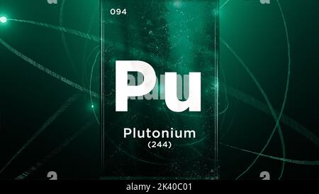 Plutonium (Pu) Symbol chemisches Element des Periodensystems, 3D Animation auf dem Hintergrund des Atomdesigns Stockfoto