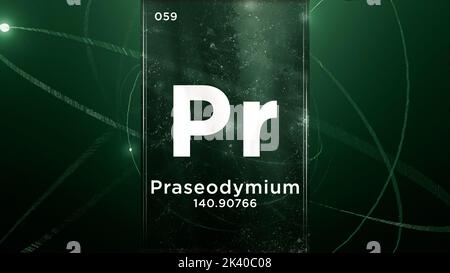 Praseodym (PR) Symbol chemisches Element des Periodensystems, 3D Animation auf Atom-Design-Hintergrund Stockfoto