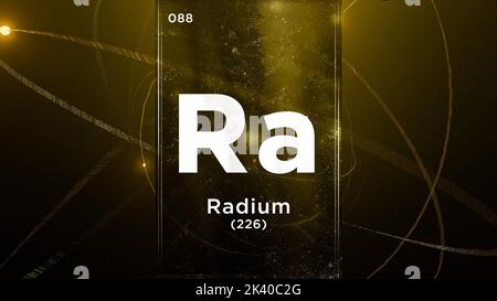 Radium (Ra) Symbol chemisches Element des Periodensystems, 3D Animation auf dem Hintergrund des Atomdesigns Stockfoto