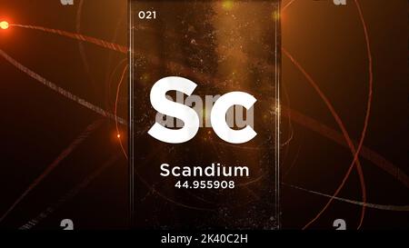 Scandium (SC) Symbol chemisches Element des Periodensystems, 3D Animation auf dem Hintergrund des Atomdesigns Stockfoto