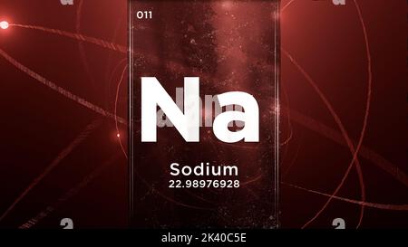 Natrium (Na) Symbol chemisches Element des Periodensystems, 3D Animation auf dem Hintergrund des Atomdesigns Stockfoto