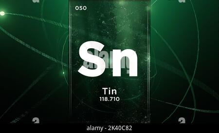 Tin (Sn) Symbol chemisches Element des Periodensystems, 3D Animation auf dem Hintergrund des Atomdesigns Stockfoto