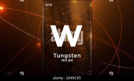 Wolfram (W) Symbol chemisches Element des Periodensystems, 3D Animation auf Atom Design Hintergrund Stockfoto