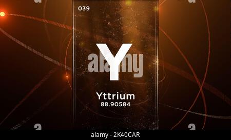 Yttrium (Y) Symbol chemisches Element des Periodensystems, 3D Animation auf dem Hintergrund des Atomdesigns Stockfoto
