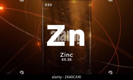 Zink (Zn) Symbol chemisches Element des Periodensystems, 3D Animation zum Hintergrund des Atomdesigns Stockfoto