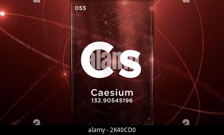 Cäsium (Cs) Symbol chemisches Element des Periodensystems, 3D Animation auf dem Hintergrund des Atomdesigns Stockfoto