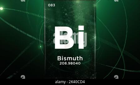 Bismut (Bi) Symbol chemisches Element des Periodensystems, 3D Animation auf dem Hintergrund des Atomdesigns Stockfoto