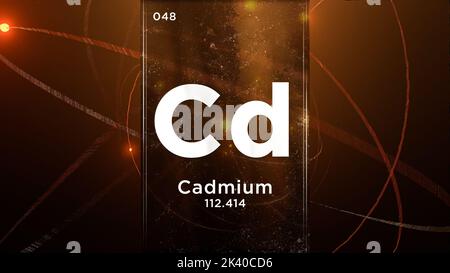 Cadmium (CD) Symbol chemisches Element des Periodensystems, 3D Animation zum Hintergrund des Atomdesigns Stockfoto