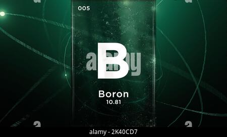 Bor (B) Symbol chemisches Element des Periodensystems, 3D Animation auf dem Hintergrund des Atomdesigns Stockfoto