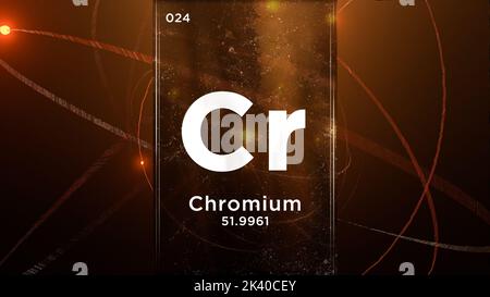 Chrom (Cr) Symbol chemisches Element des Periodensystems, 3D Animation zum Hintergrund des Atomdesigns Stockfoto