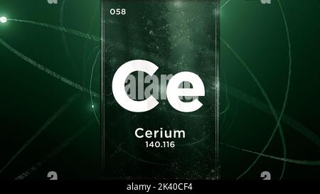 Cerium (CE) Symbol chemisches Element des Periodensystems, 3D Animation zum Hintergrund des Atomdesigns Stockfoto