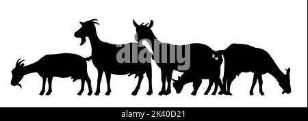 Ziegen grasen auf der Weide. Bildsilhouette. Haustiere auf dem Bauernhof. Tiere für Milch und Milchprodukte. Isoliert auf weißem Hintergrund. Vektor Stock Vektor