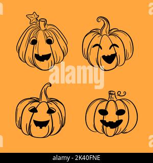 Niedliche Halloween lustige Kürbisse Set Illustration. Handgezeichnete Herbst Herbst Pumkins Vektor Umrisse Stock Vektor