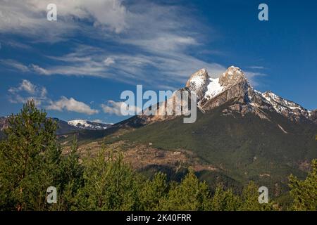 Pedraforca, gegabelter Berg in den Pyrenäen, Spanien, Katalonia, Cadi-Moixero Stockfoto