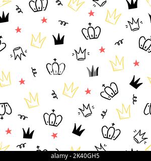 Doodle Krone handgezeichnetes nahtloses Muster. Doodle Prinzessin Krone, Königin Tiara-Muster. Linienzeichnung königlicher Hintergrund. Königin, König von Hand gezeichnet einfachen Hintergrund, Tapete. Vektorgrafik. Stock Vektor