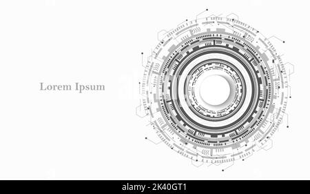Abstrakter schwarz-weißer Technologiekreis, futuristisches Muster, geometrischer Texturhintergrund, wissenschaftliches Konzept Stockfoto