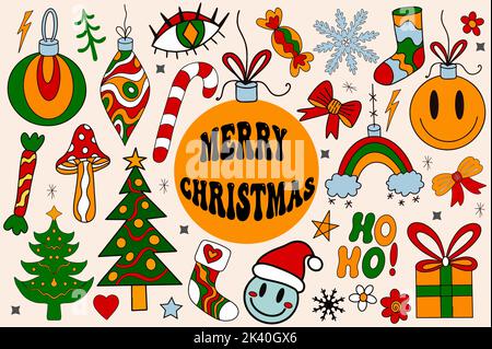 Frohe Weihnachten groovig Retro 70s Set-Elemente. Hippie Holiday Kollektion Clip Art Hand Zeichnung Stil. Weihnachtsbaum, Schneeflocken, Geschenke modern trendy Stock Vektor
