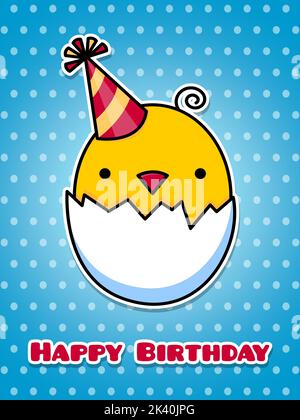 Geburtstagskarte. Das Küken schlüpft aus dem Ei. Niedliche einfache flache Vektor-Illustration. Stock Vektor