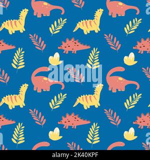 Vektor nahtlose Muster mit Dinosauriern und Blättern in Cartoon flach kindisch Stil. Tier Kinder Illustration Hintergrund in blau gelb rosa Farben für t Stock Vektor