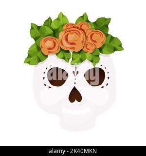 Totentag, Totenkopf mit traditionellen Blumen verziert, Maske, Halloween-Feier im Cartoon-Stil isoliert auf weißem Hintergrund. Vektorgrafik Stock Vektor