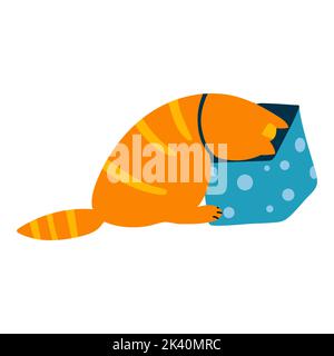 Vektor-Illustration von Ingwer Katze Blick in Geschenkbox in Cartoon-flachen Stil. Lustige Haustier-Charakter für Kinder-Design, Karte, Textil, Tischspiele Stock Vektor