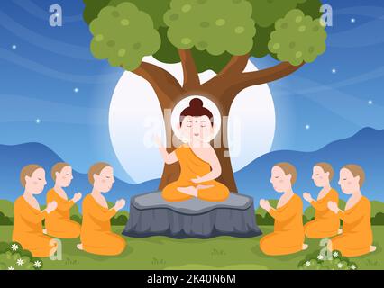 Happy Makha Bucha Day Template Handgezeichneter Cartoon flache Illustration Buddha sitzt in Lotusblume unter Bodhi Baum in der Nacht von Mönch umgeben Stock Vektor