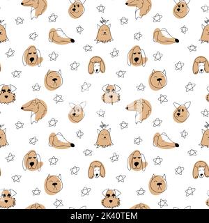 Vektor nahtlose Muster mit Umriss Hunde verschiedener Rassen. Doodle Cartoon Illustration von Haustieren auf weißem Hintergrund für Textil, Karte, Produkt de Stock Vektor