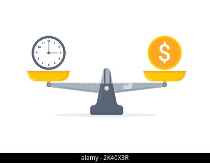 Zeit Geld Skala Saldo Vektor Vergleich Aktienkurs Arbeit Wert Gehalt Illustration. Stock Vektor