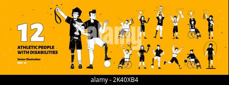 Satz von sportlichen Menschen mit Behinderungen. Paralympics behinderten Athleten Charaktere mit Trophäe. Sport Männer und Frauen auf Rollstuhl oder Prothese. Linie Art flache Vektor gelb, schwarz, weiß Illustration Stock Vektor