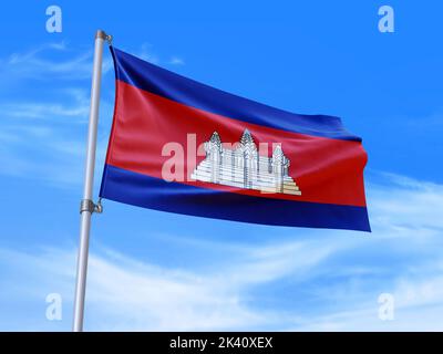 Wunderschöne kambodschanische Flagge winkt im Wind mit Himmelshintergrund - 3D Abbildung - 3D Rendering Stockfoto