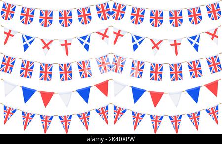 Girlanden der britischen Flagge gesetzt. Union Jack Wimpel Kettenkollektion. Britische Party-Dekoration. Großbritannien Flaggen zum Feiern. Fußzeile und Banner Stock Vektor