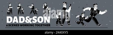 Vater und Sohn im Polizist-Kostüm arbeiten zusammen. Vater Polizist und Junge mit Mütze, Schlagstock, Pistole und Handschellen, Vektor schwarz-weiß handgezeichnete Illustration Stock Vektor