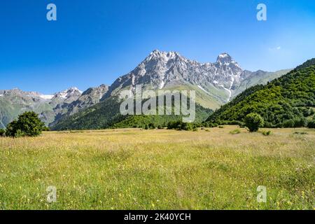 Ushba Berg (4710m hoch) in Upper Svaneti, Georgia Stockfoto